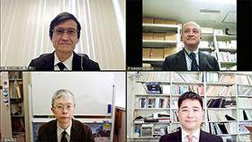 テレビ会議システムで取材に応じる広島大学の組織委員会メンバー(左上から時計回りに小澤、熊本、黒田、紙谷の各氏)
