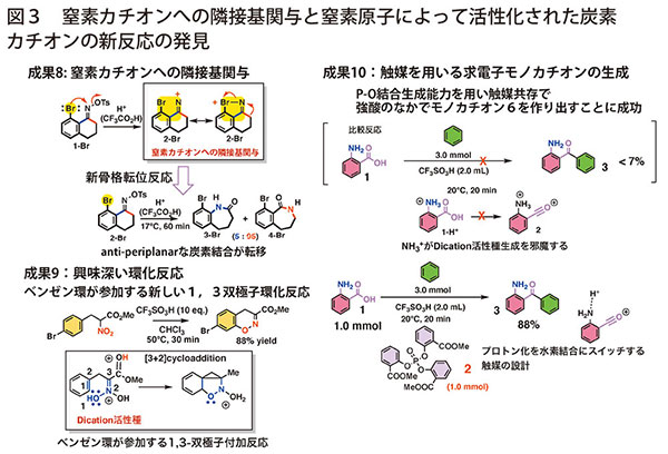 図3　窒素カチオンへの隣接基関与と窒素原子によって活性化された炭素カチオンの新反応の発見