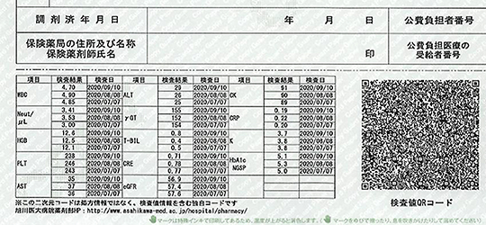 院外処方箋の下部に2次元コード付きの検査値を印字している