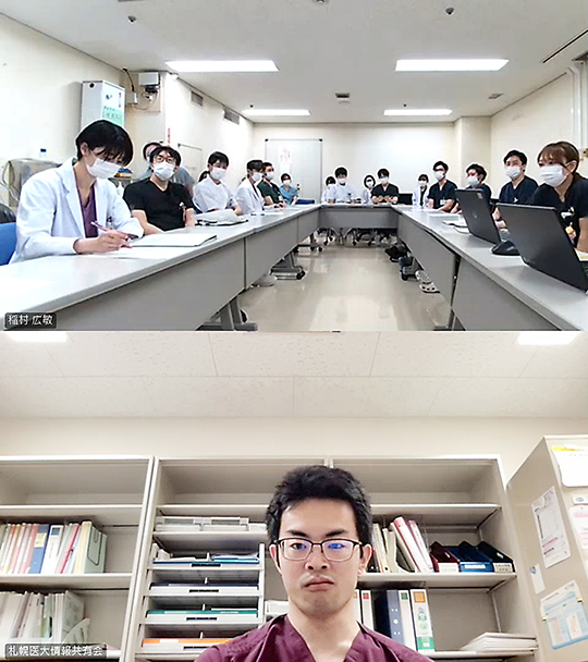 札医大病院のDI担当や病棟薬剤師（上段）と羽幌病院をつないで遠隔ミーティングを行う（下段は出向中の大立目薬剤師）