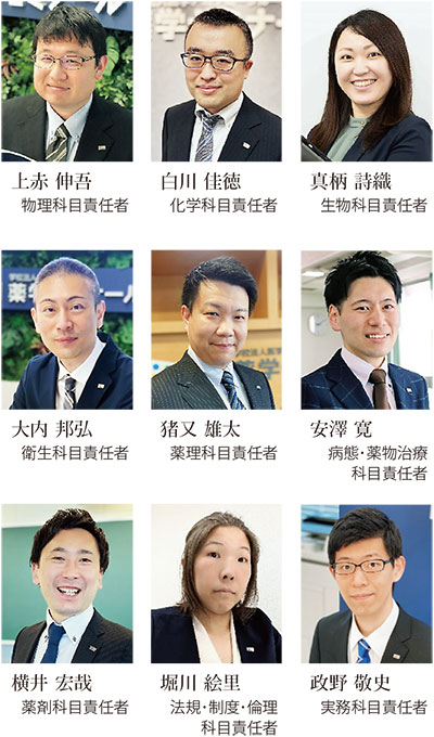物理科目責任者　上赤 伸吾、化学科目責任者　白川 佳徳、生物科目責任者　真柄 詩織、衛生科目責任者　大内 邦弘、薬理科目責任者　猪又 雄太、病態・薬物治療科目責任者　安澤 寛、薬剤科目責任者　横井 宏哉、法規・制度・倫理科目責任者　堀川 絵里、実務科目責任者　政野 敬史