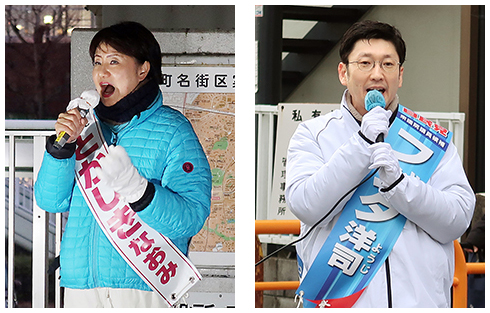 左から街頭演説に立つ渡嘉敷氏、藤田氏