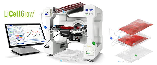 左：コントローラー　中央：プロセッサ―　右：培養バッグ／給廃液バッグ
